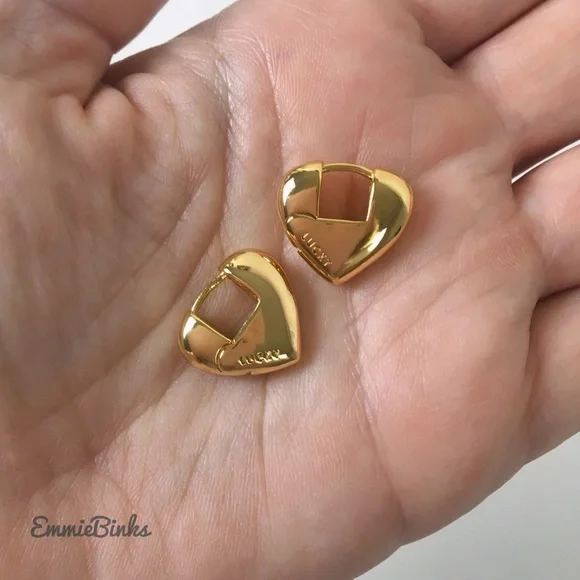 New Lucky Brand Gold Plated Chunky Heart Hoop Earrings - Picture 9 of 15